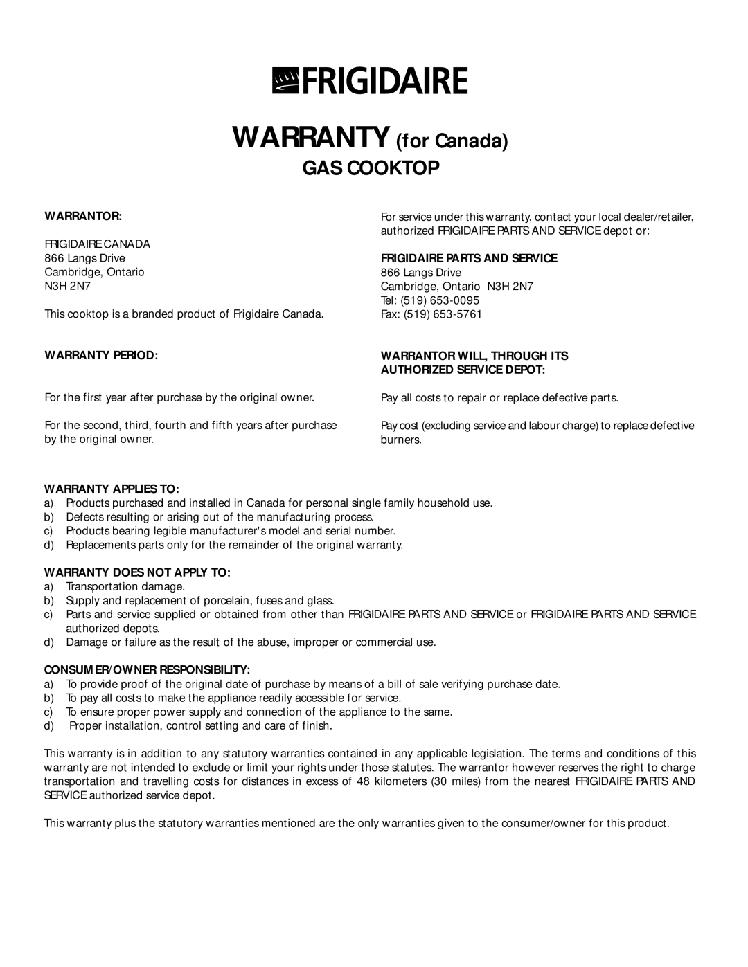 Frigidaire 318068118 important safety instructions Warranty for Canada, GAS Cooktop 