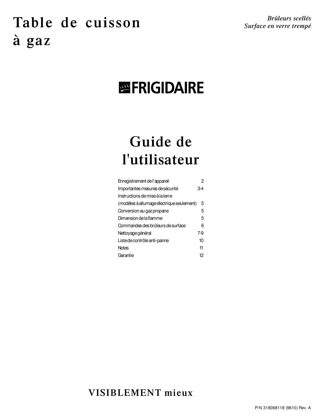 Frigidaire 318068118 important safety instructions Table de cuisson à gaz Guide de Lutilisateur 