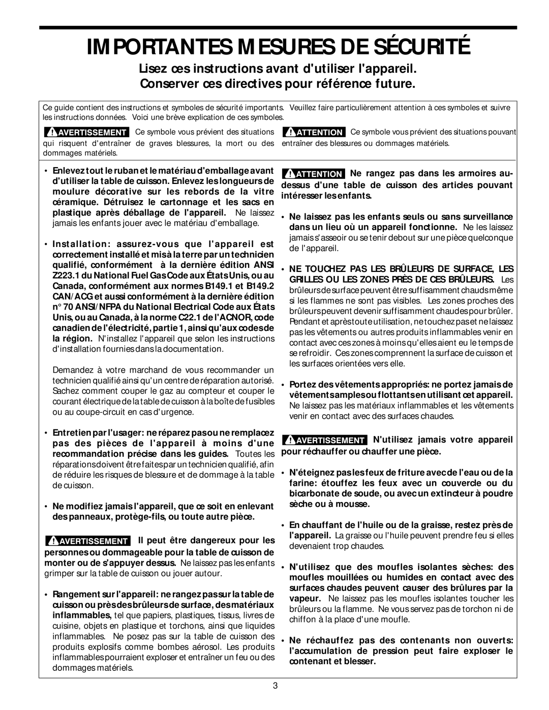 Frigidaire 318068118 important safety instructions Importantes Mesures DE Sécurité 