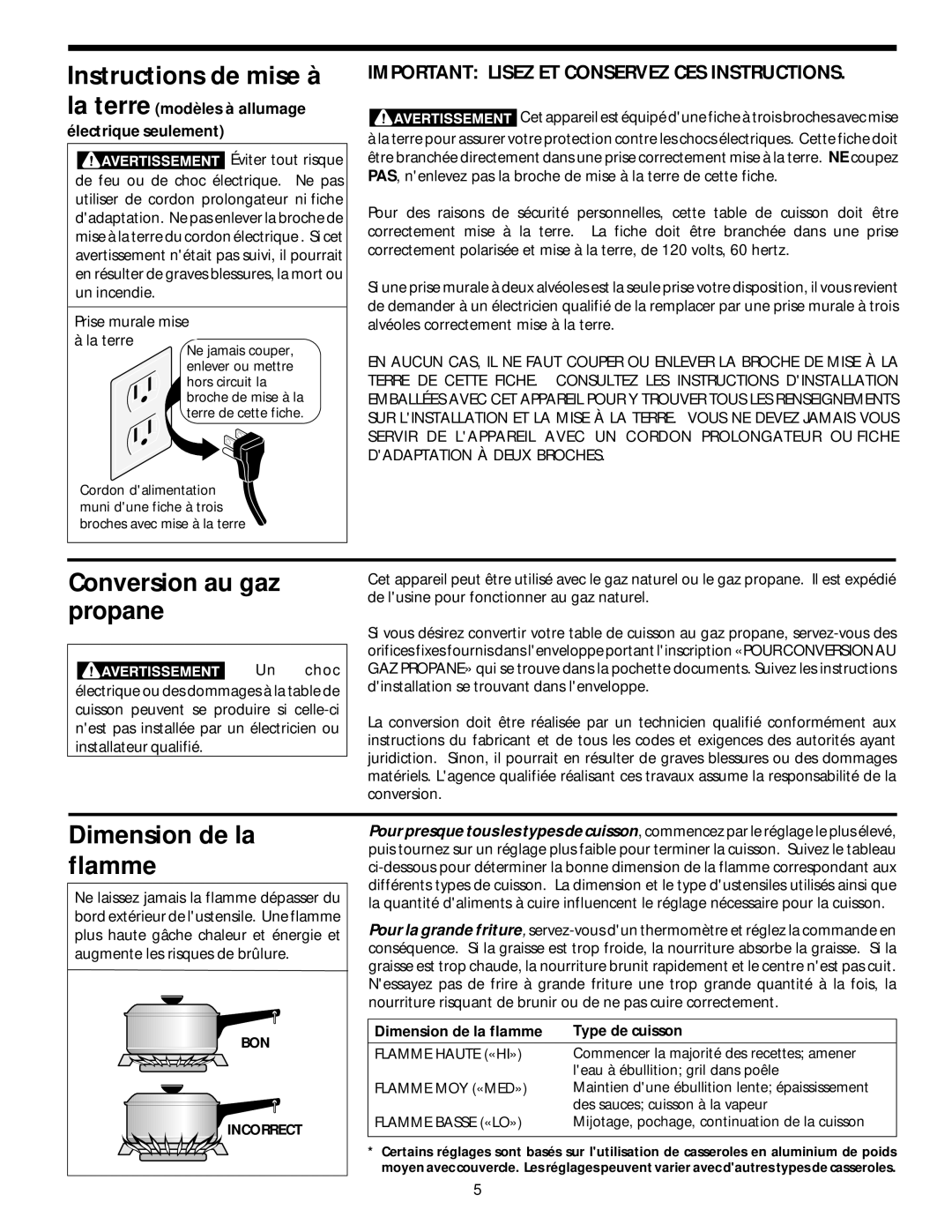 Frigidaire 318068118 Instructions de mise à, Conversion au gaz propane, Dimension de la flamme 