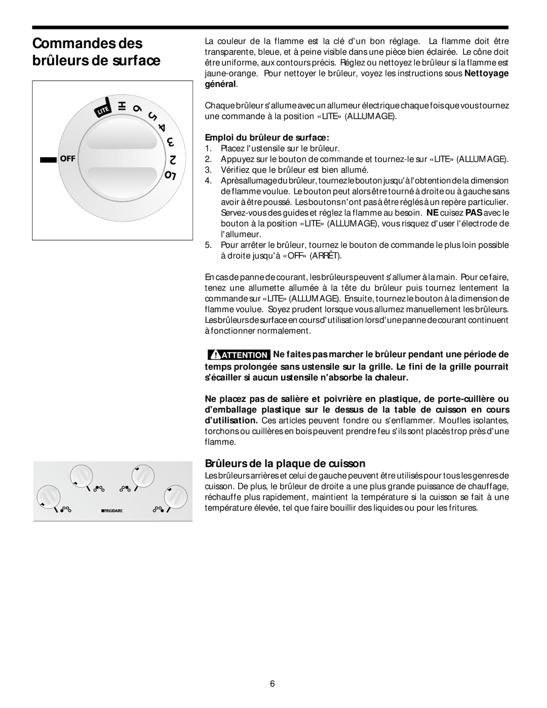 Frigidaire 318068118 Commandes des brûleurs de surface, Brûleurs de la plaque de cuisson, Emploi du brûleur de surface 