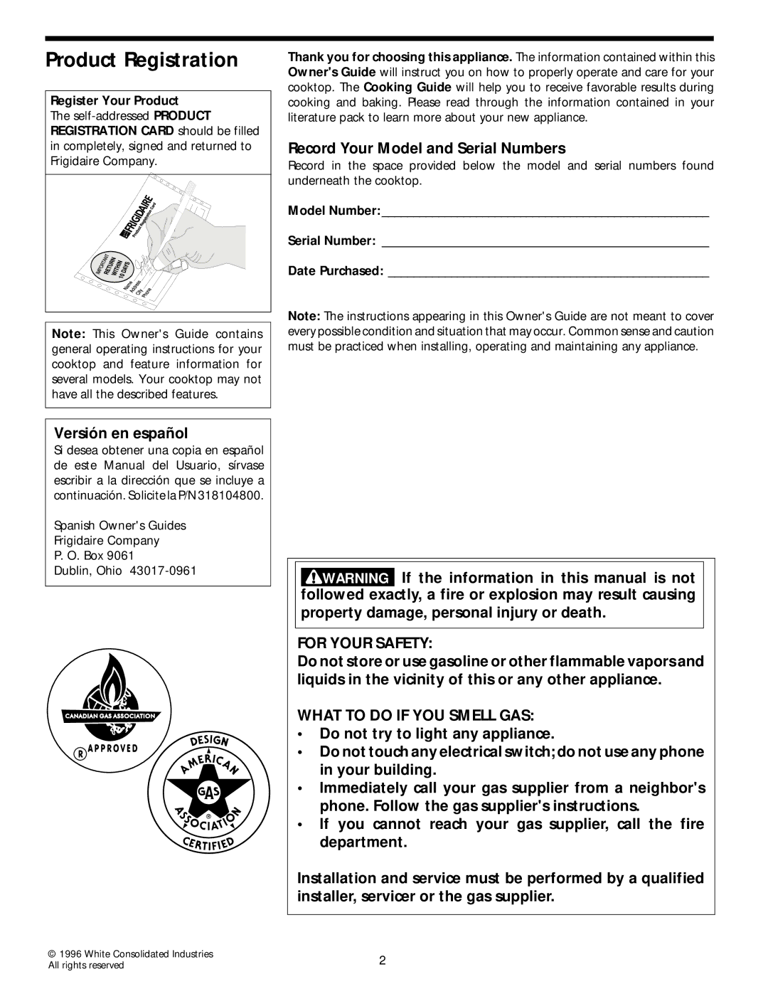 Frigidaire 318068118 Product Registration, Record Your Model and Serial Numbers, Versión en español, For Your Safety 