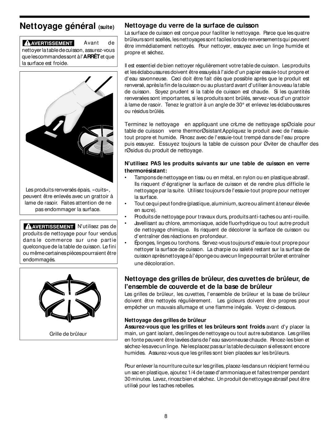 Frigidaire 318068118 important safety instructions Nettoyage général suite, Nettoyage du verre de la surface de cuisson 