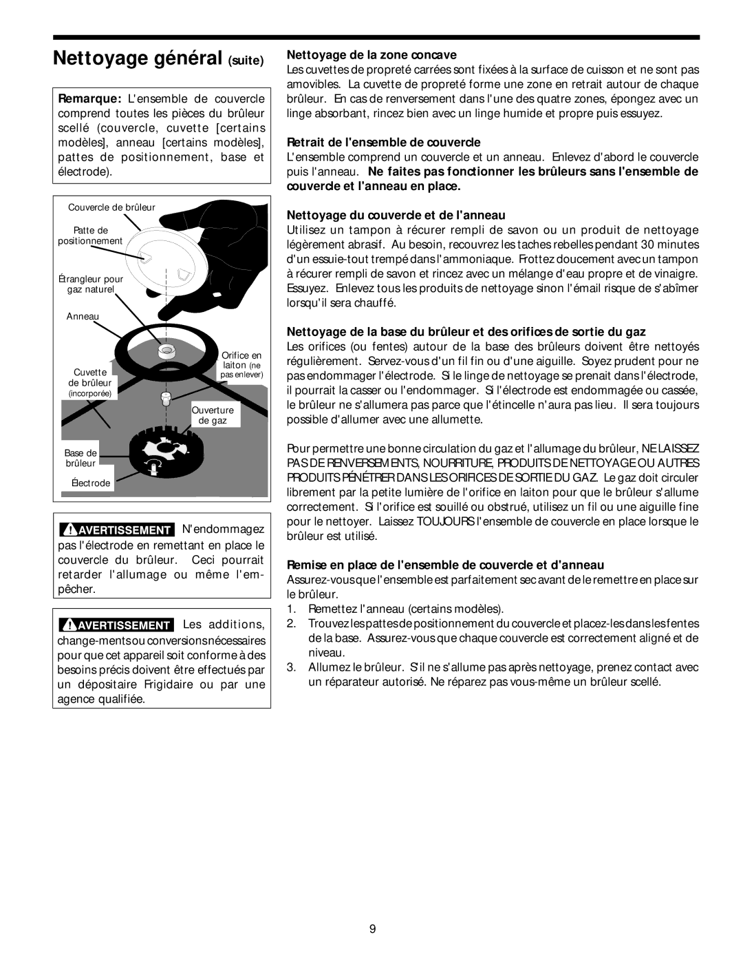 Frigidaire 318068118 Nettoyage de la zone concave, Retrait de lensemble de couvercle, Nettoyage du couvercle et de lanneau 