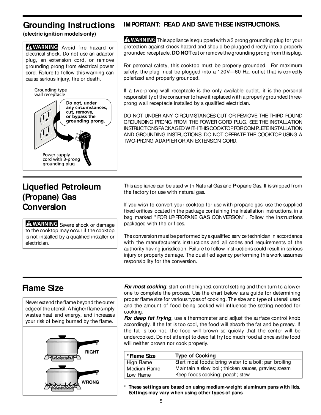 Frigidaire 318068118 Grounding Instructions, Liquefied Petroleum Propane Gas Conversion, Flame Size 