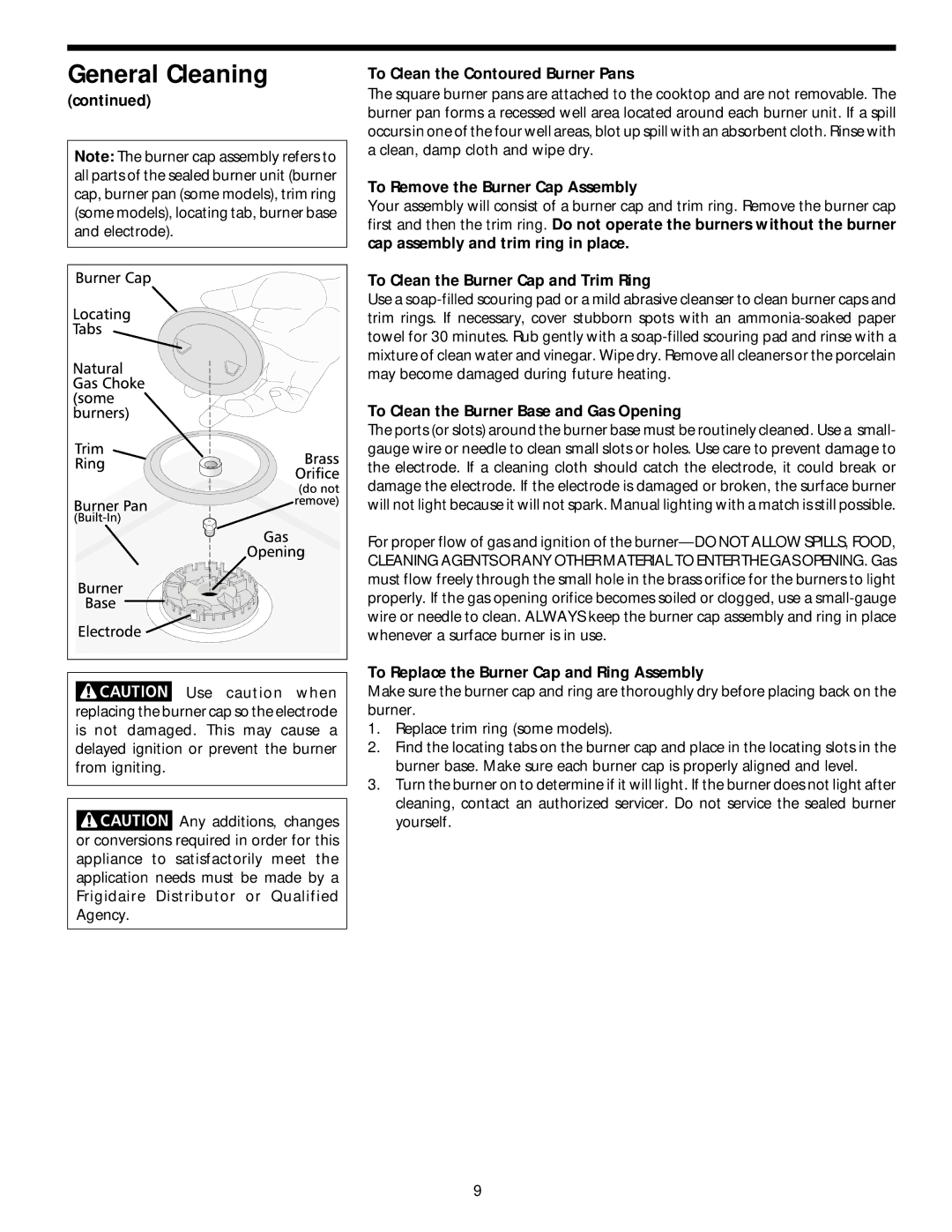 Frigidaire 318068118 important safety instructions To Clean the Contoured Burner Pans, To Remove the Burner Cap Assembly 