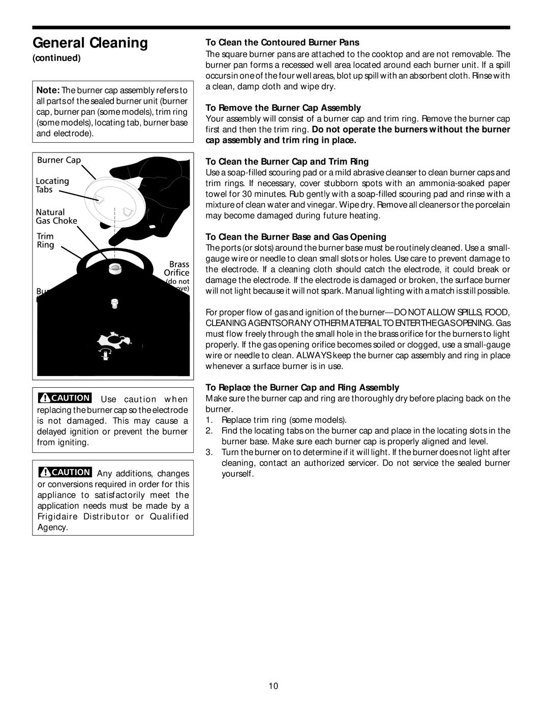 Frigidaire 318068120 important safety instructions To Clean the Contoured Burner Pans, To Remove the Burner Cap Assembly 