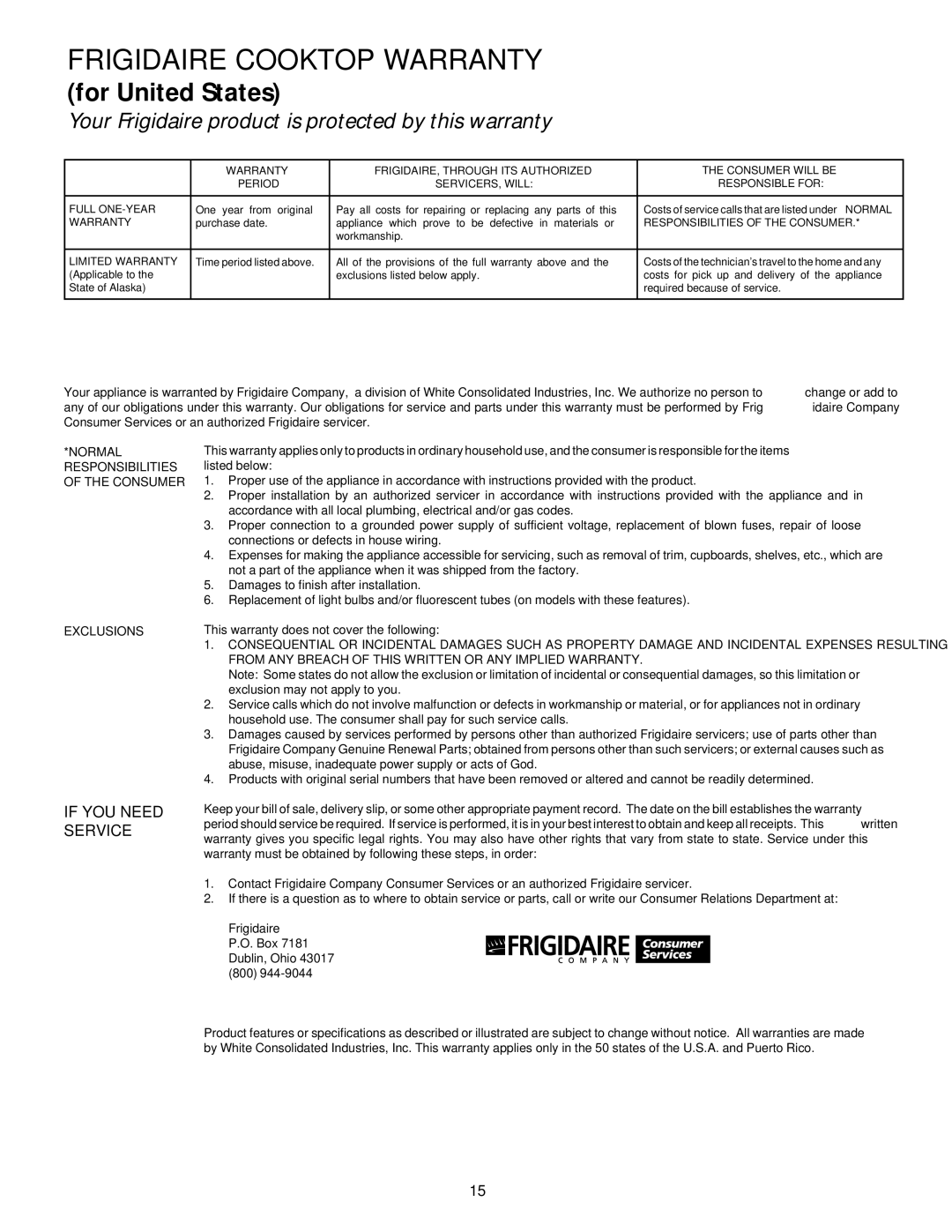 Frigidaire 318068120 important safety instructions Frigidaire Cooktop Warranty, For United States 