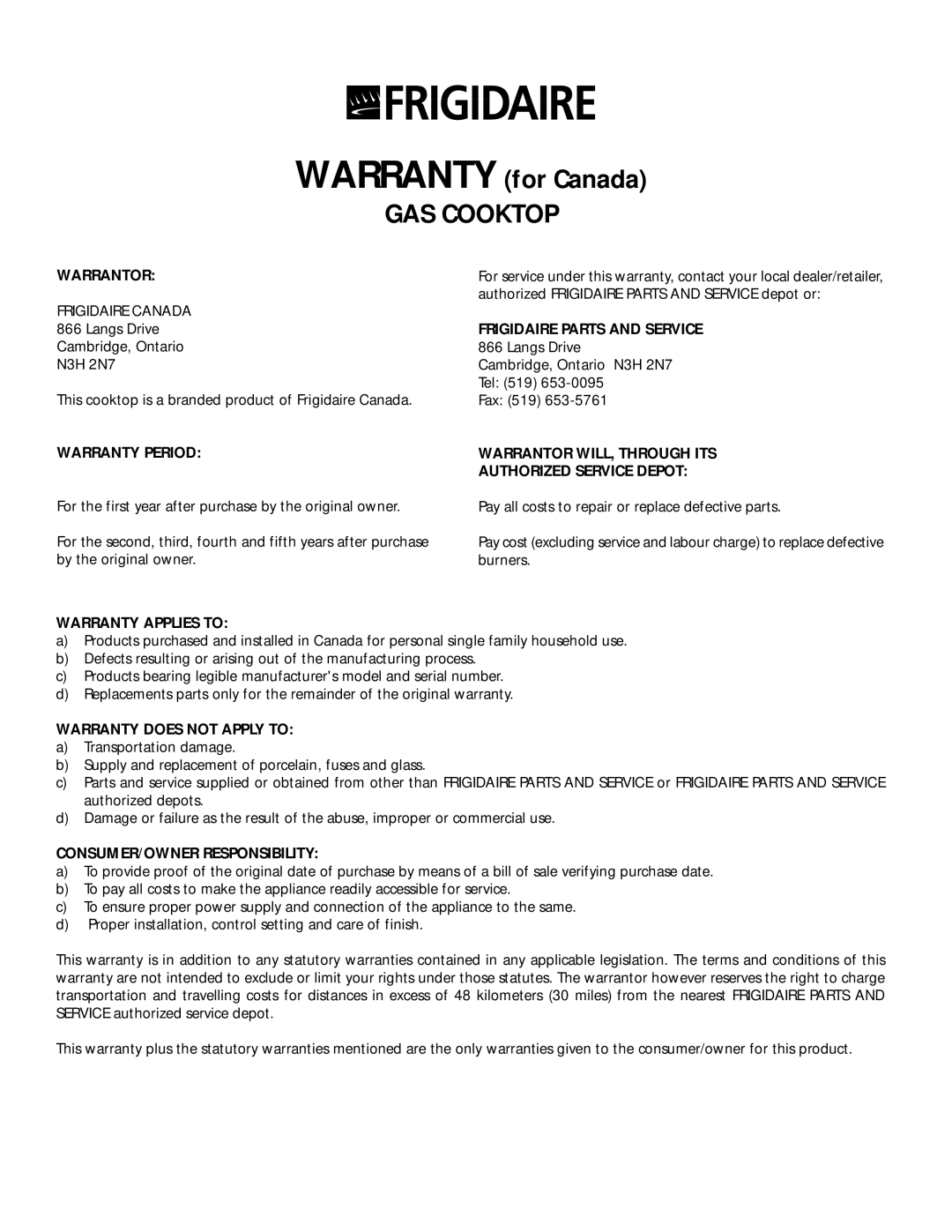 Frigidaire 318068120 important safety instructions Warranty for Canada, GAS Cooktop 