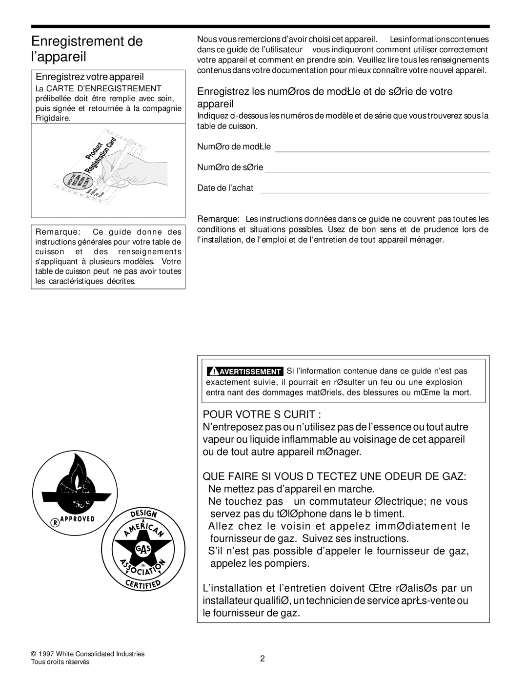 Frigidaire 318068120 Enregistrement de lappareil, Pour Votre Sécurité, QUE Faire SI Vous Détectez UNE Odeur DE GAZ 