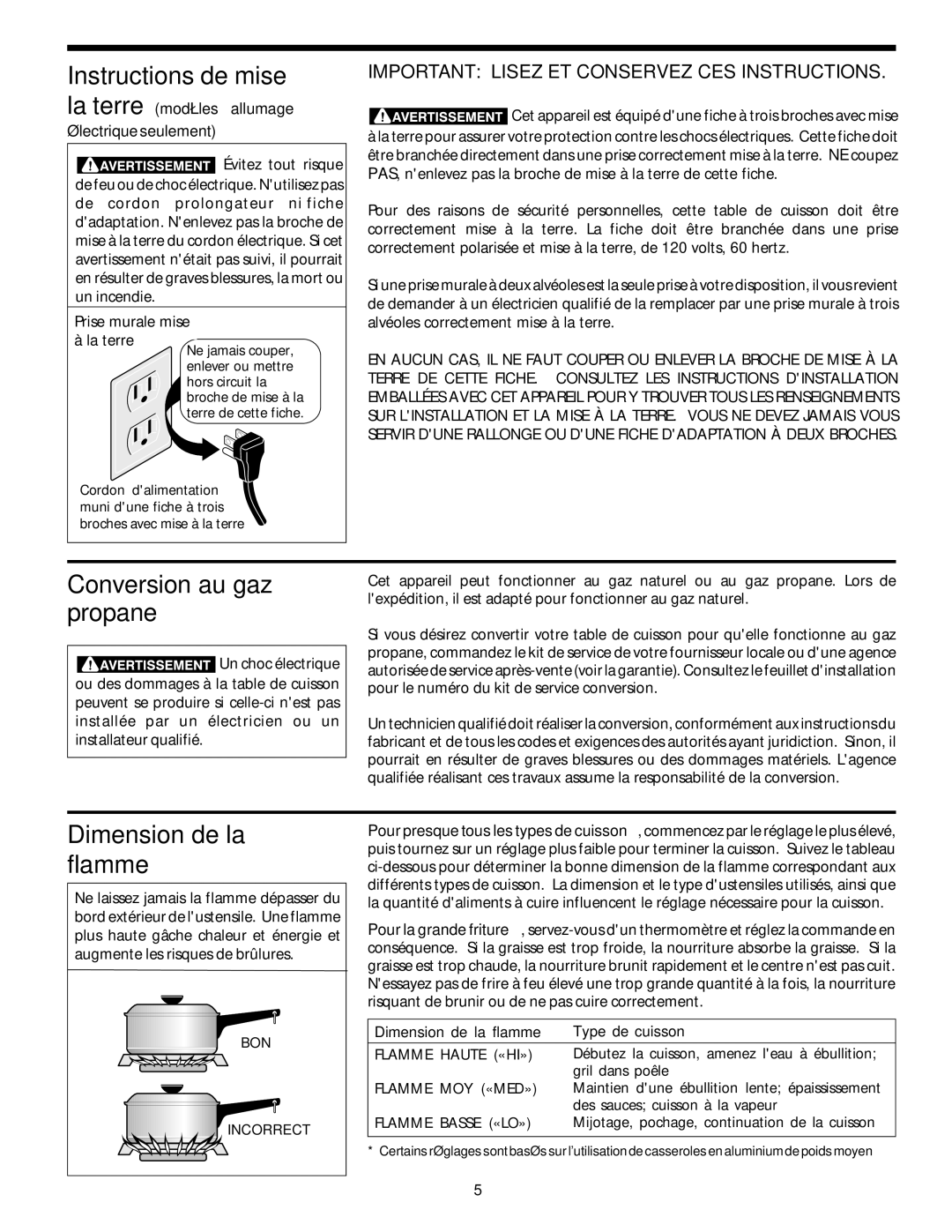 Frigidaire 318068120 Instructions de mise à, Conversion au gaz propane, Dimension de la flamme 