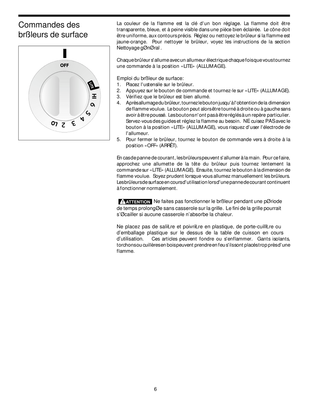 Frigidaire 318068120 important safety instructions Commandes des brûleurs de surface, Emploi du brûleur de surface 