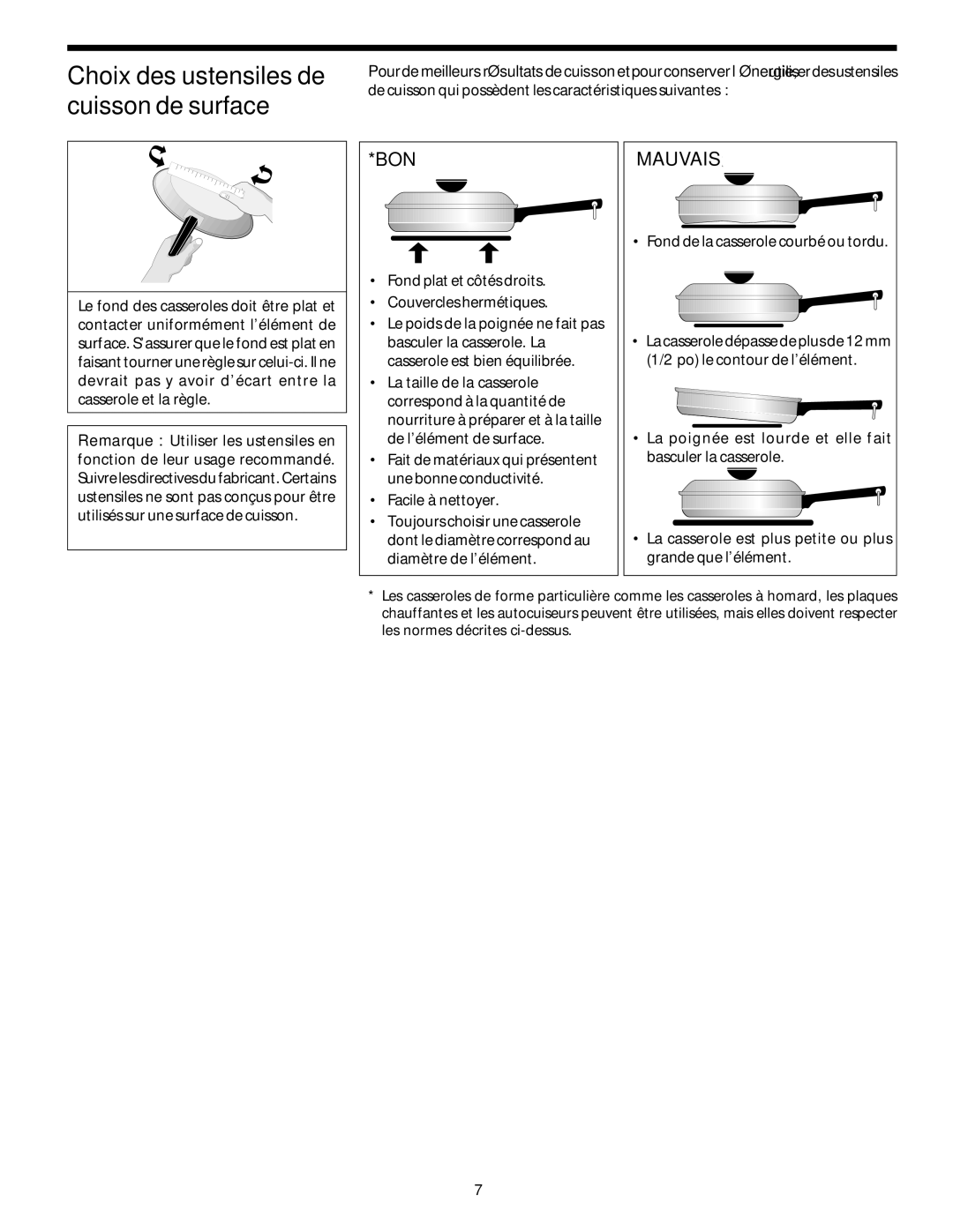 Frigidaire 318068120 important safety instructions Choix des ustensiles de cuisson de surface, Mauvais 