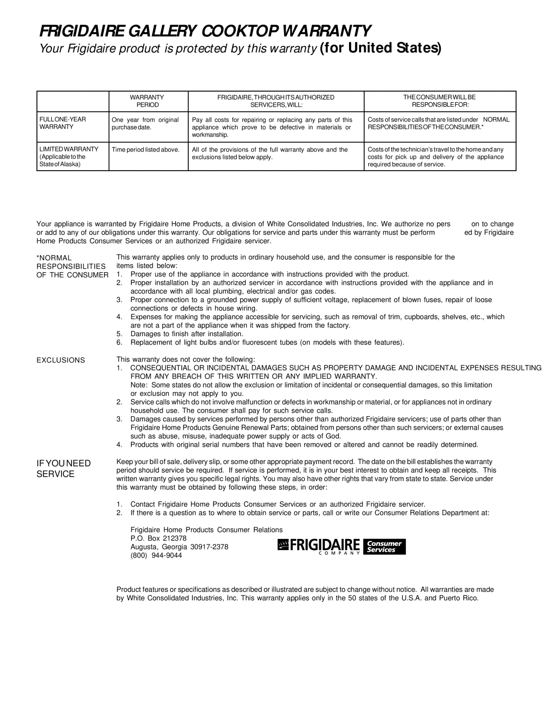 Frigidaire 318068129 important safety instructions Frigidaire Gallery Cooktop Warranty 