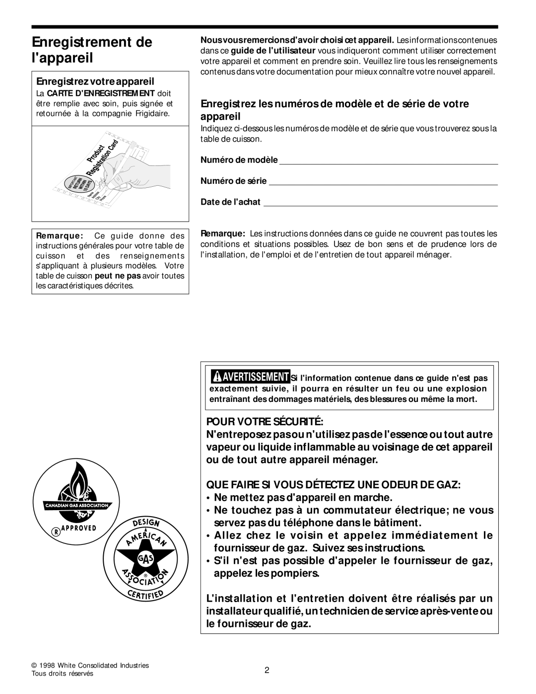 Frigidaire 318068129 Enregistrement de lappareil, Pour Votre Sécurité, QUE Faire SI Vous Détectez UNE Odeur DE GAZ 