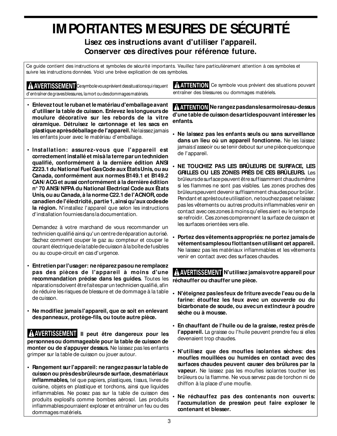 Frigidaire 318068129 important safety instructions Importantes Mesures DE Sécurité 