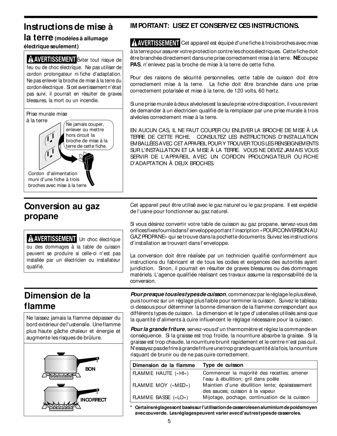 Frigidaire 318068129 Instructions de mise à, Conversion au gaz propane, Dimension de la flamme 