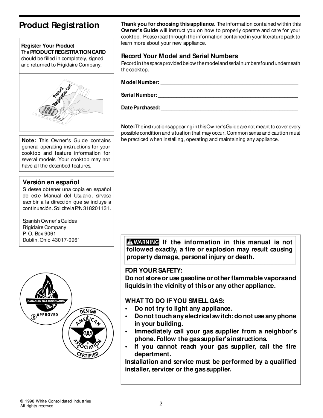 Frigidaire 318068129 Product Registration, Record Your Model and Serial Numbers, Versión en español, For Your Safety 