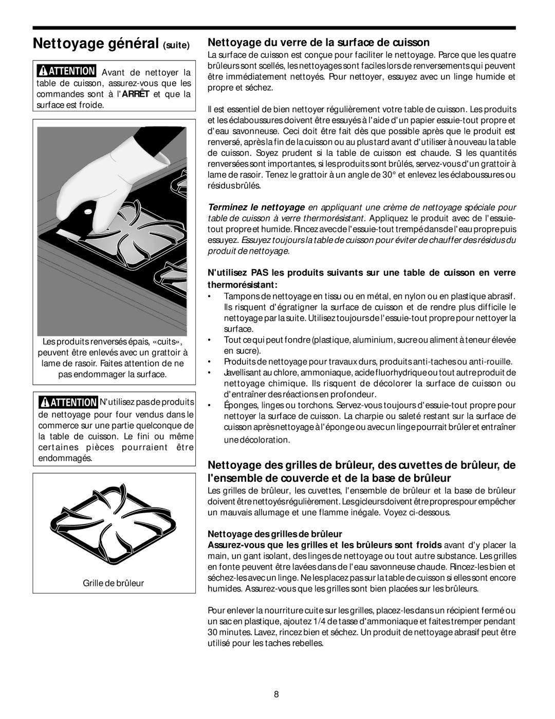 Frigidaire 318068129 important safety instructions Nettoyage général suite, Nettoyage du verre de la surface de cuisson 