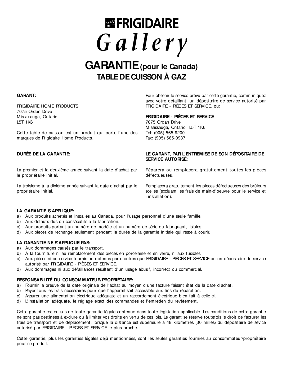 Frigidaire 318068129 important safety instructions Garantie pour le Canada, Table DE Cuisson À GAZ 