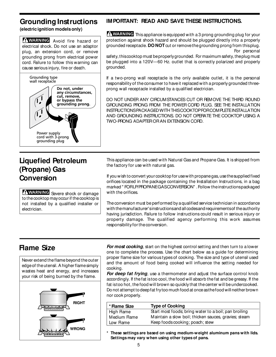 Frigidaire 318068129 Grounding Instructions, Liquefied Petroleum Propane Gas Conversion, Flame Size 