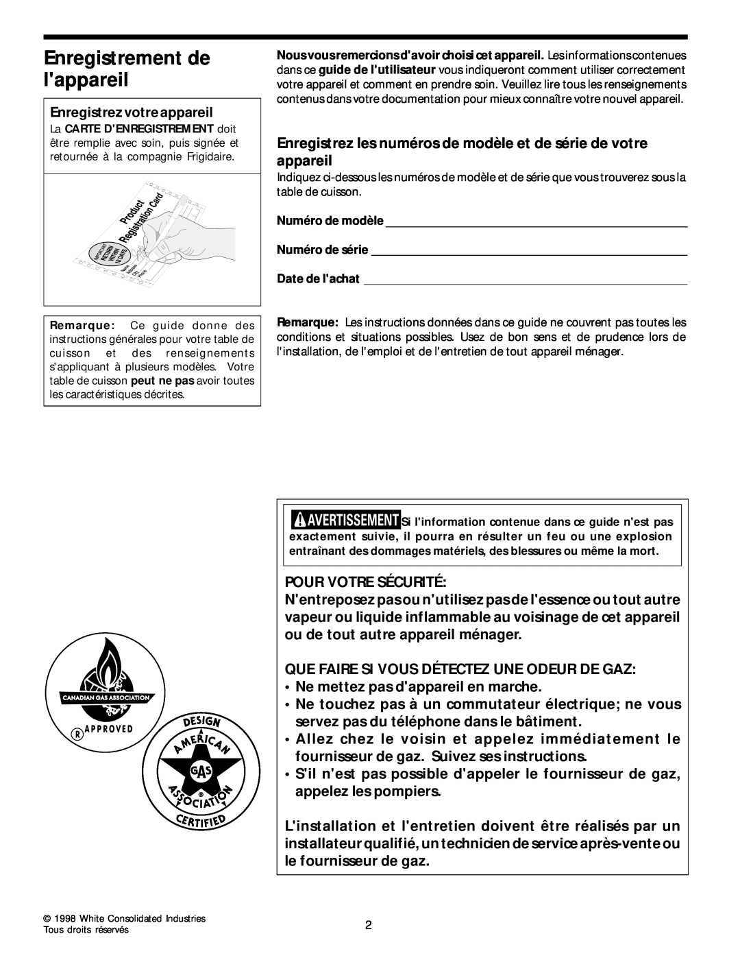 Frigidaire 318068129 important safety instructions Enregistrement de lappareil 