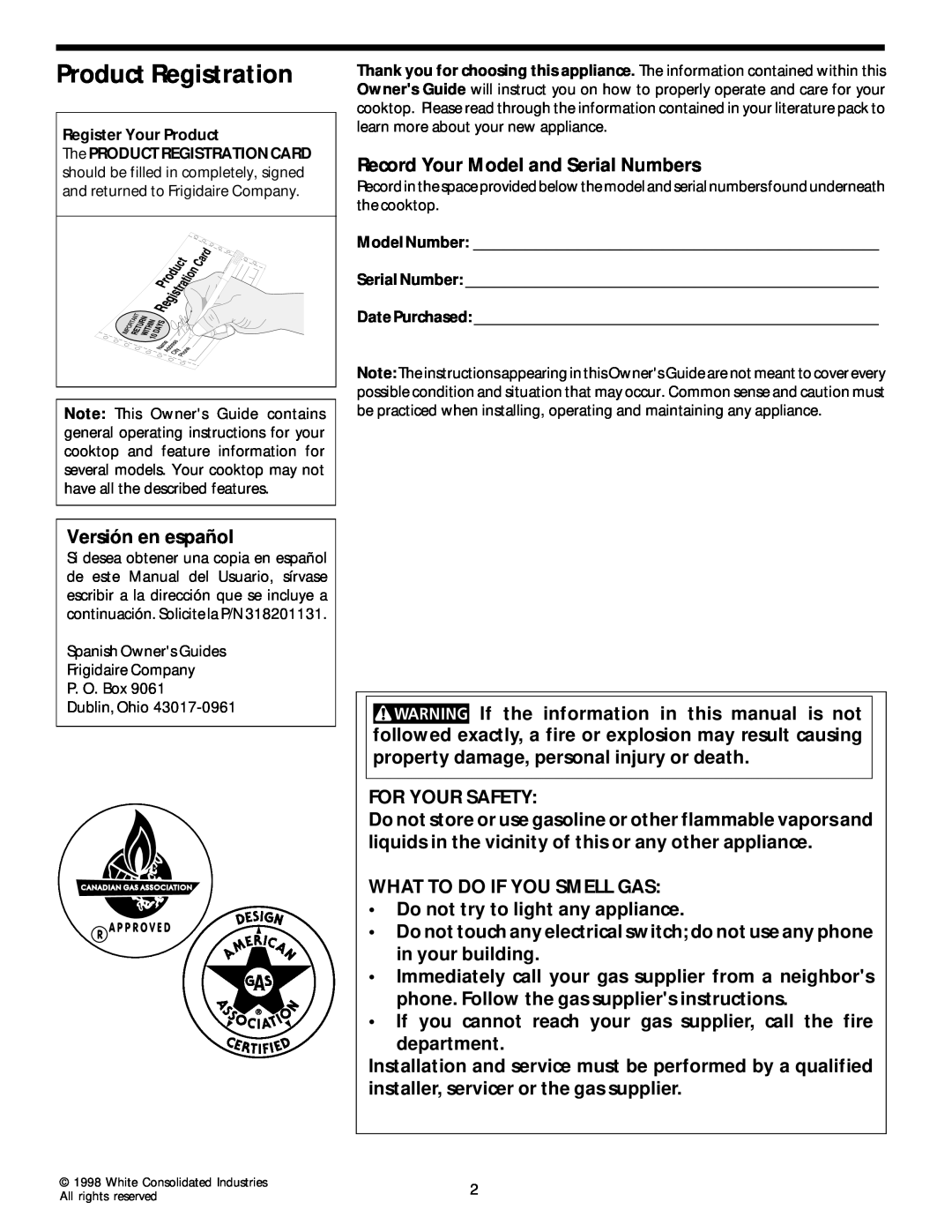 Frigidaire 318068129 important safety instructions Product Registration 
