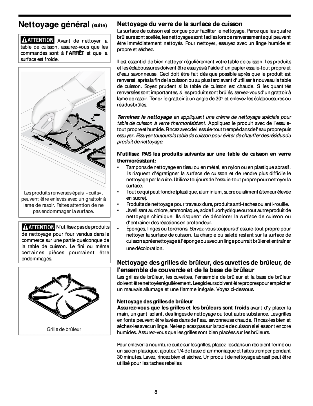 Frigidaire 318068129 important safety instructions Nettoyage général suite, Nettoyage du verre de la surface de cuisson 