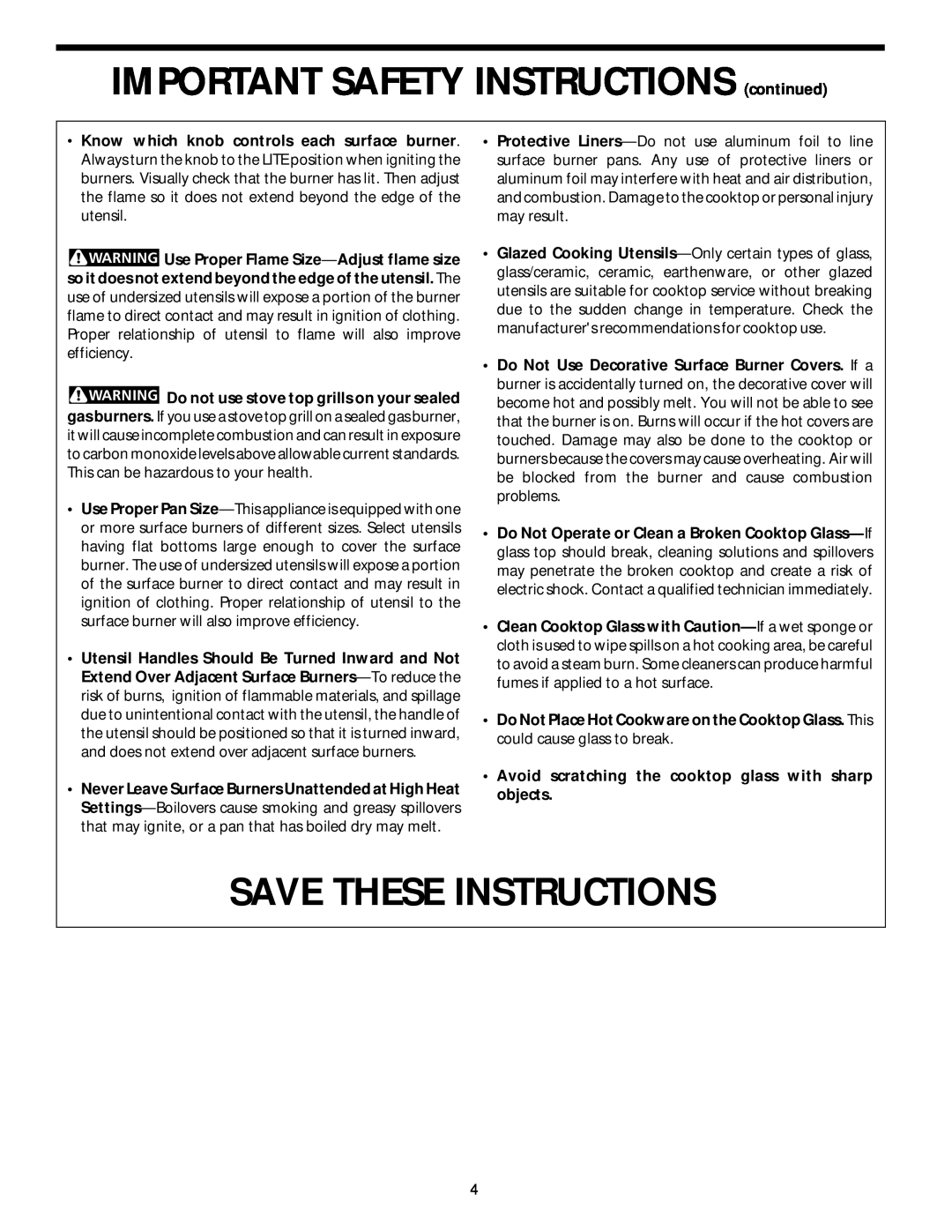 Frigidaire 318068129 important safety instructions IMPORTANT SAFETY INSTRUCTIONS continued, Save These Instructions 