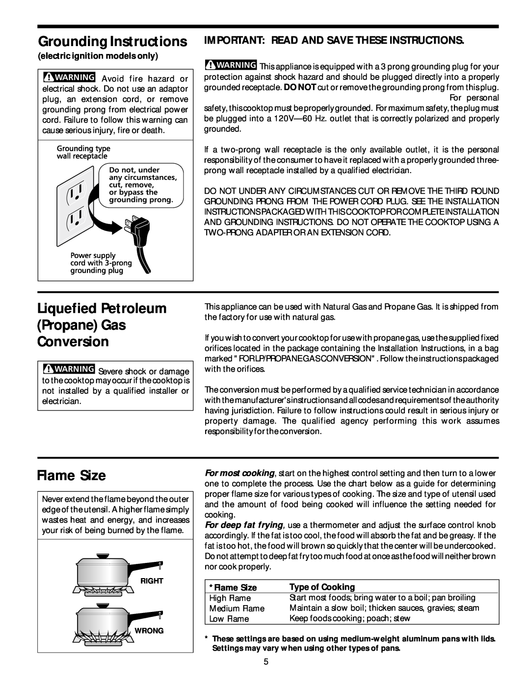 Frigidaire 318068129 Grounding Instructions, Liquefied Petroleum Propane Gas Conversion, Flame Size, Type of Cooking 