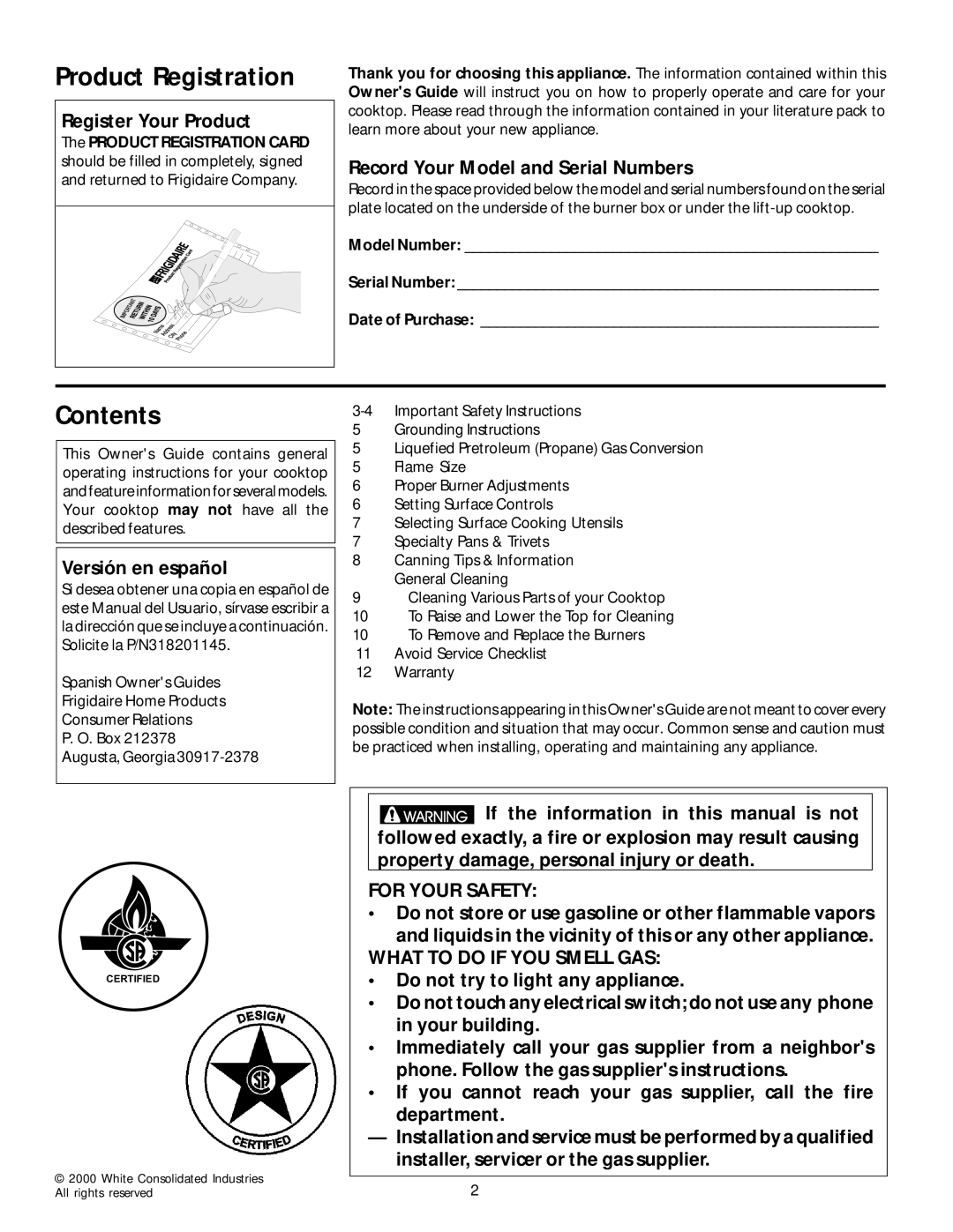 Frigidaire 318068140 manual Product Registration, Contents 