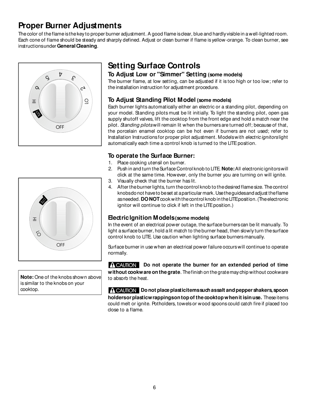 Frigidaire 318068140 manual Proper Burner Adjustments, Setting Surface Controls 