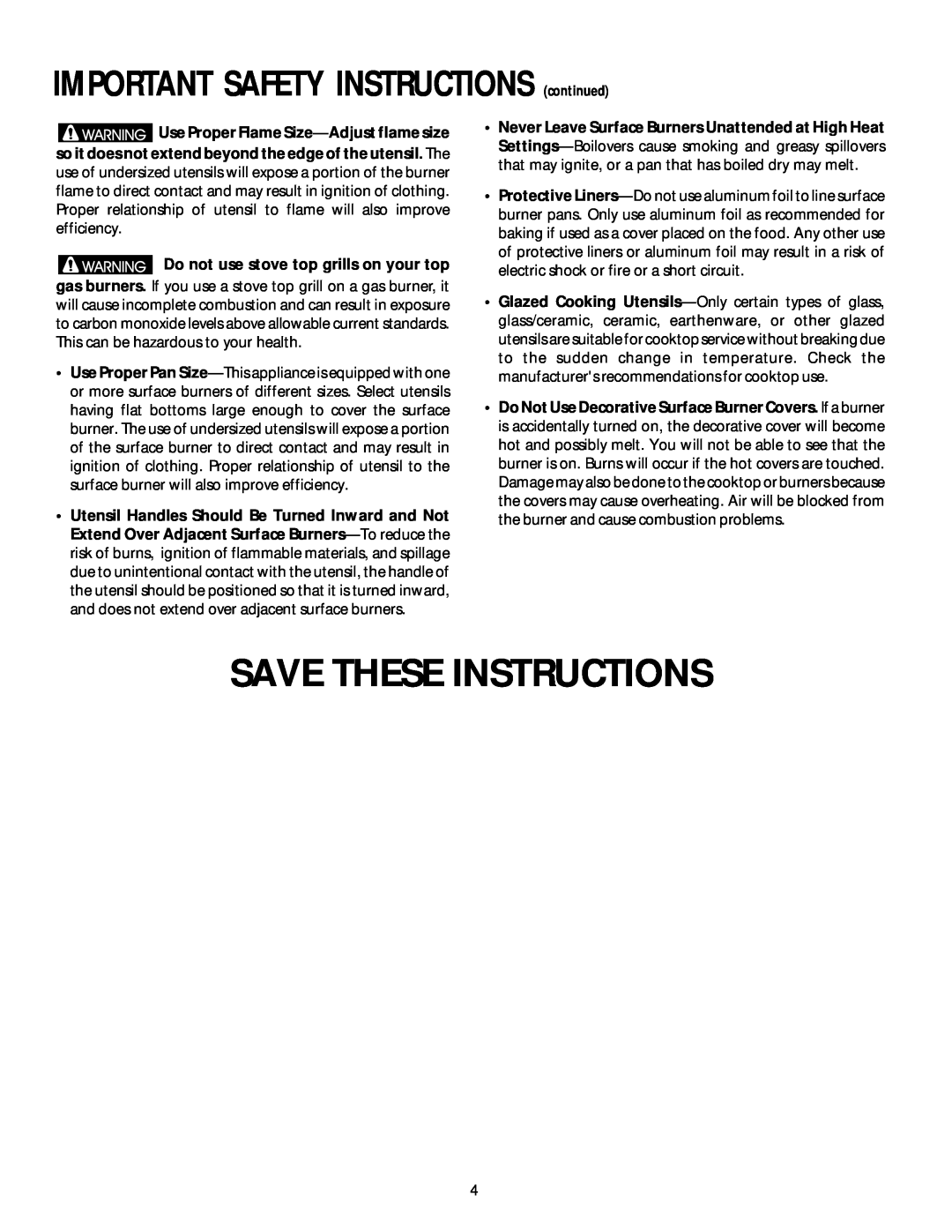 Frigidaire 318068140 manual Save These Instructions, IMPORTANT SAFETY INSTRUCTIONS continued 