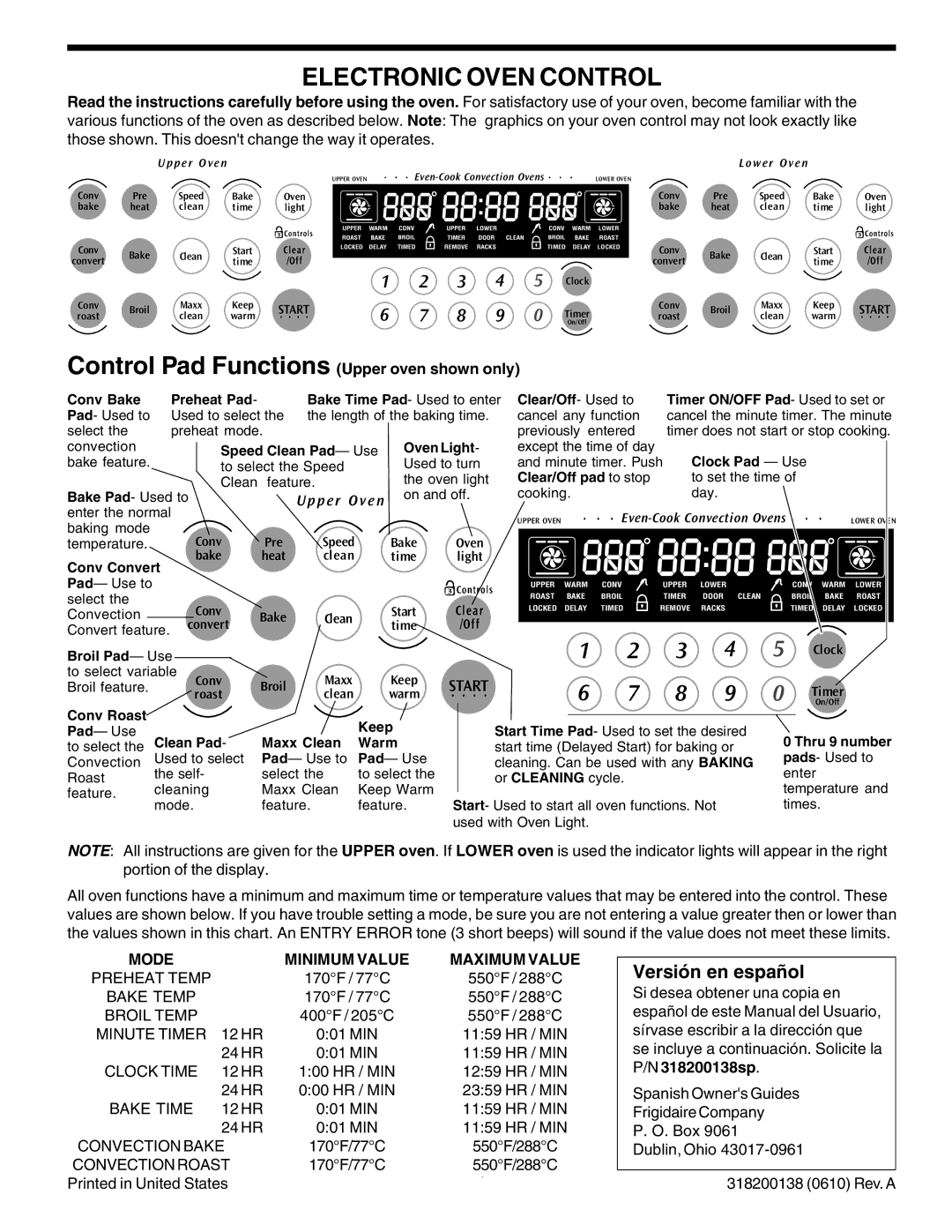 Frigidaire 318200138 (0610) manual Versión en español, Control Pad Functions Upper oven shown only 