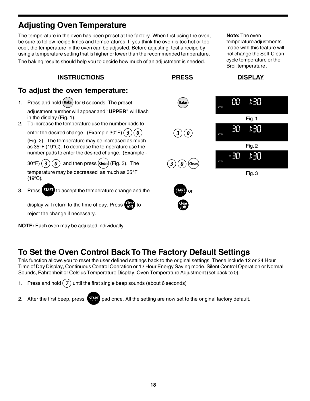 Frigidaire 318200138 (0610) manual Adjusting Oven Temperature, To Set the Oven Control Back To The Factory Default Settings 