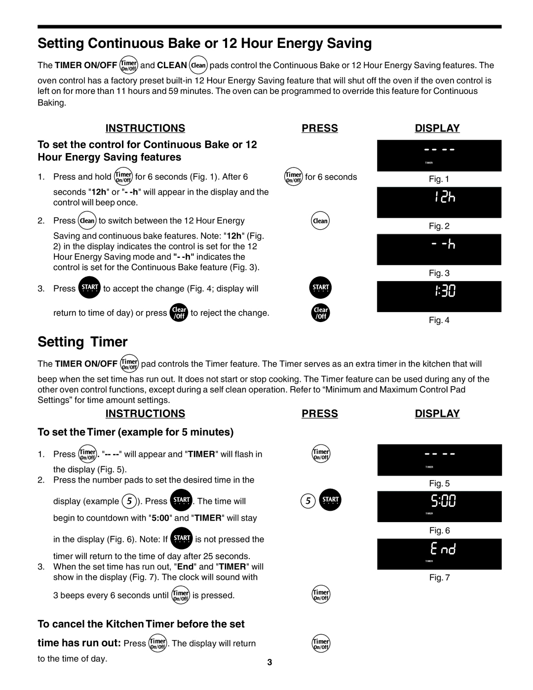 Frigidaire 318200138 (0610) manual Setting Continuous Bake or 12 Hour Energy Saving, Setting Timer, Instructions, Press 