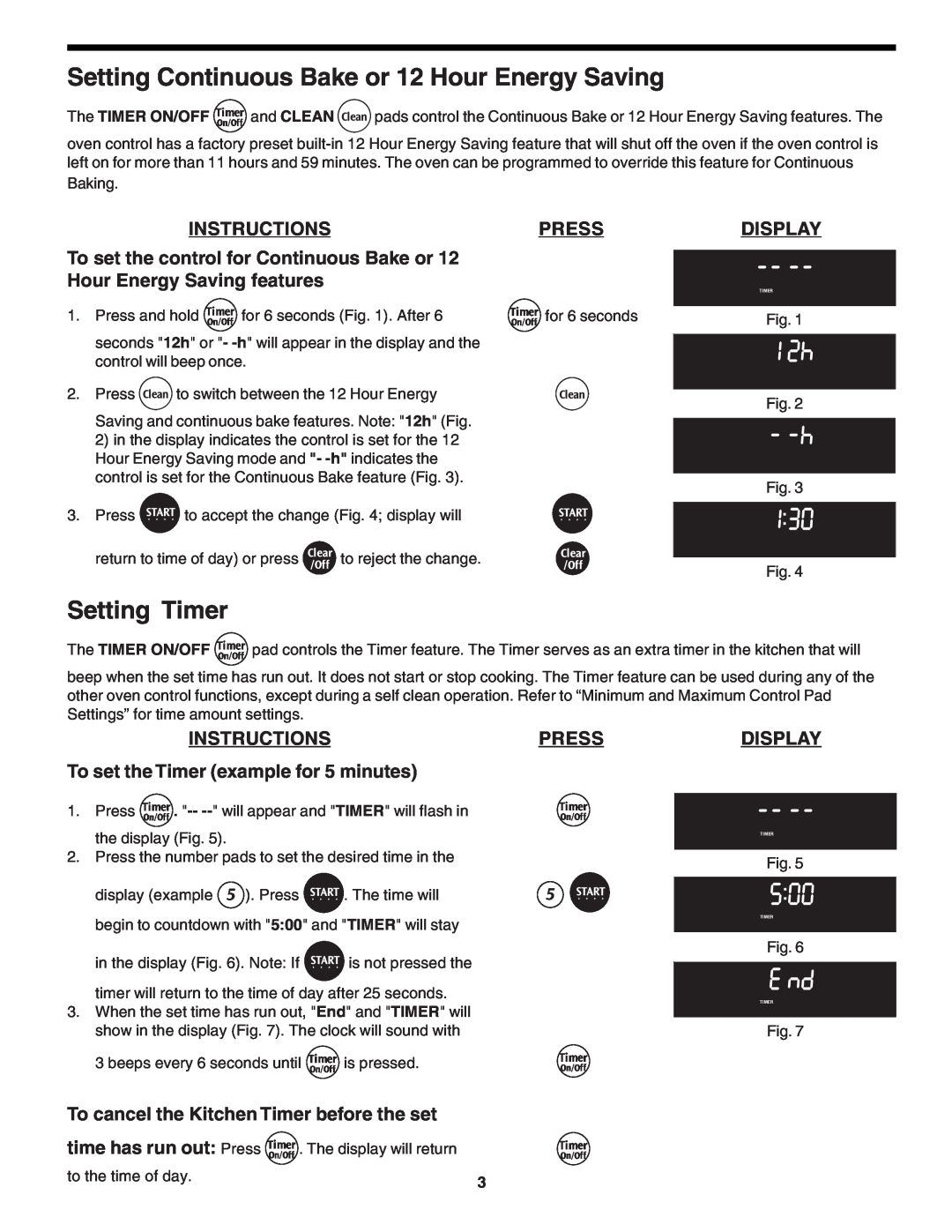 Frigidaire 318200138 (0610) Setting Continuous Bake or 12 Hour Energy Saving, Setting Timer, Instructions, Press, Display 