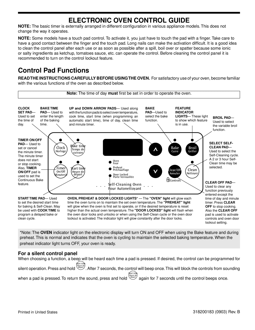 Frigidaire CFES365EC, 318200183 (0903) manual Control Pad Functions, For a silent control panel 