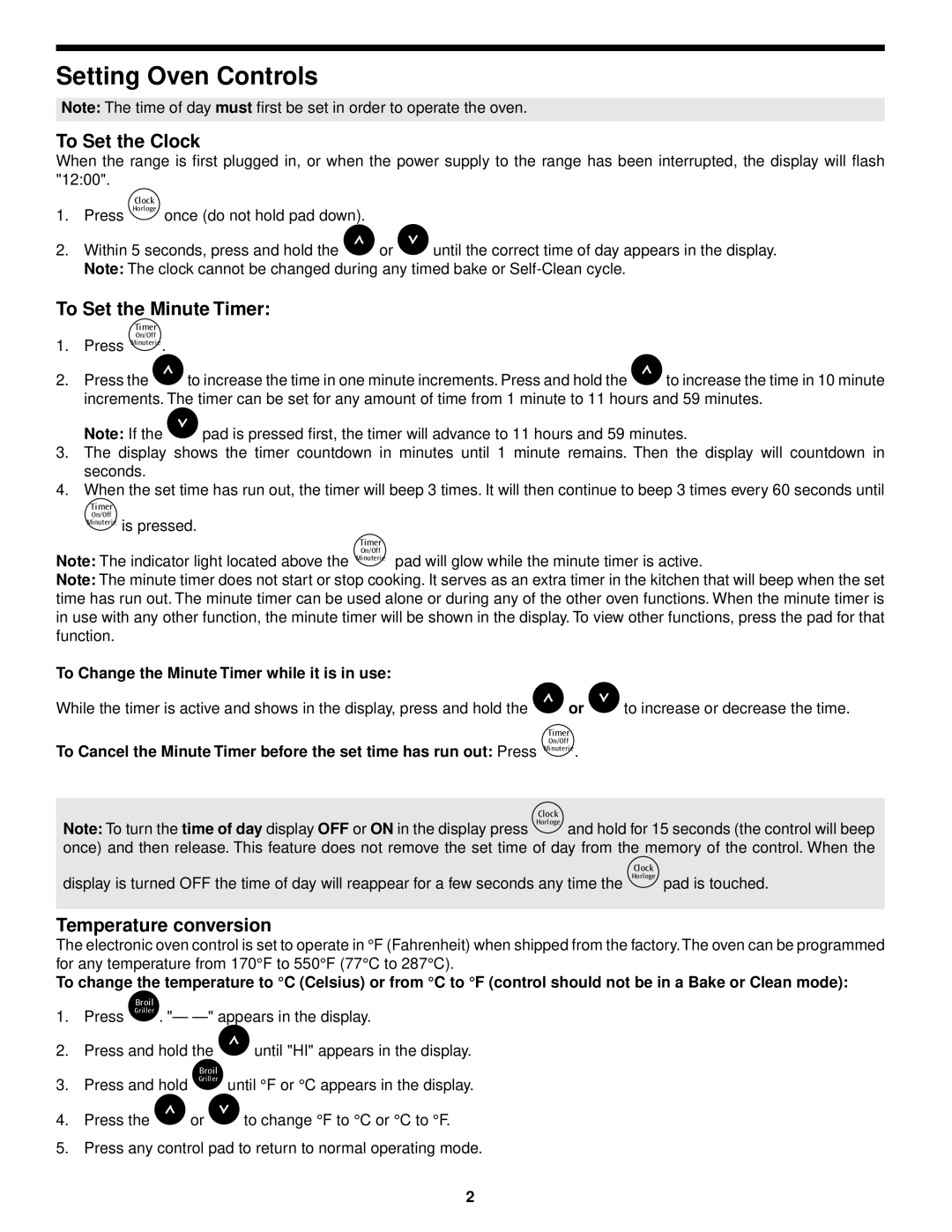 Frigidaire 318200183 (0903) manual Setting Oven Controls, To Set the Clock, To Set the Minute Timer, Temperature conversion 