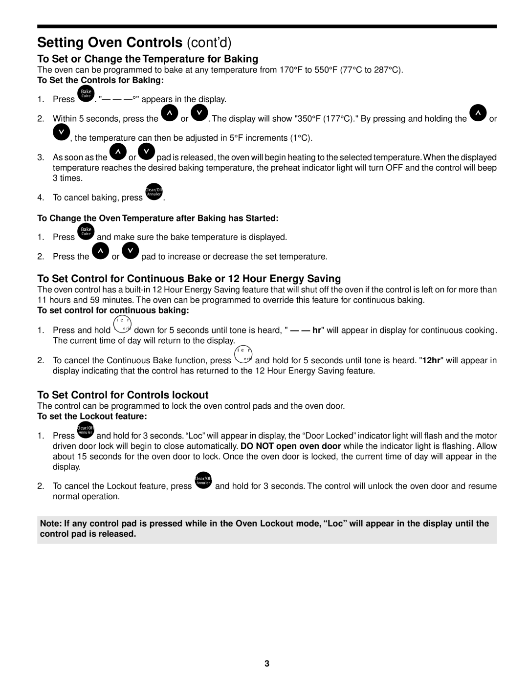 Frigidaire CFES365EC, 318200183 (0903) manual Setting Oven Controls cont’d, To Set or Change the Temperature for Baking 