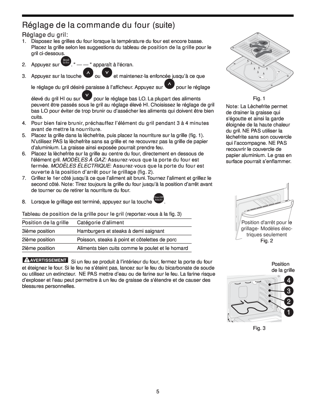 Frigidaire CFES365EC manual Réglage du gril, Tableau de position de la grille pour le gril reportez-vous à la fig 