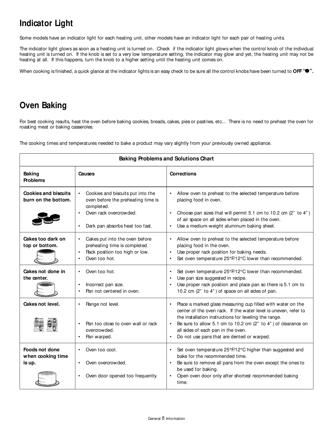 Frigidaire 318200404 manual Indicator Light, Oven Baking, Baking Problems and Solutions Chart 