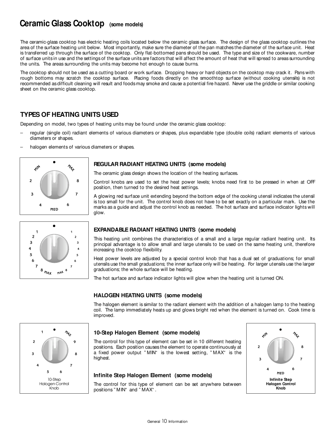 Frigidaire 318200404 manual Ceramic Glass Cooktop some models, Types of Heating Units Used 