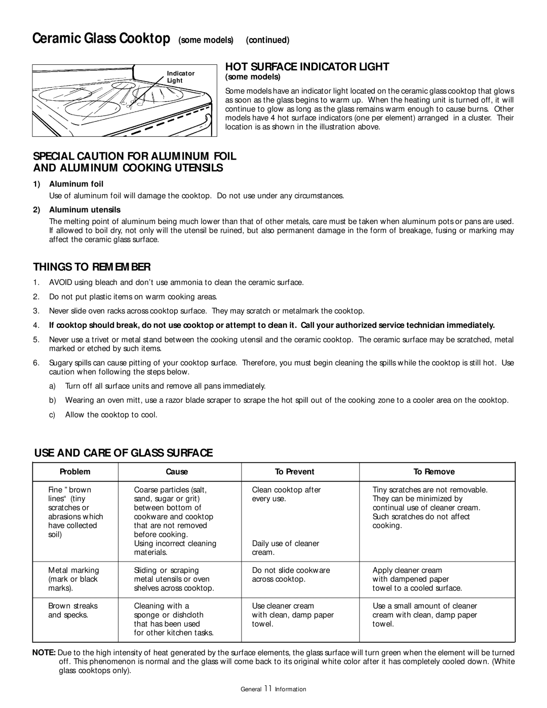 Frigidaire 318200404 manual HOT Surface Indicator Light, Special Caution for Aluminum Foil Aluminum Cooking Utensils 