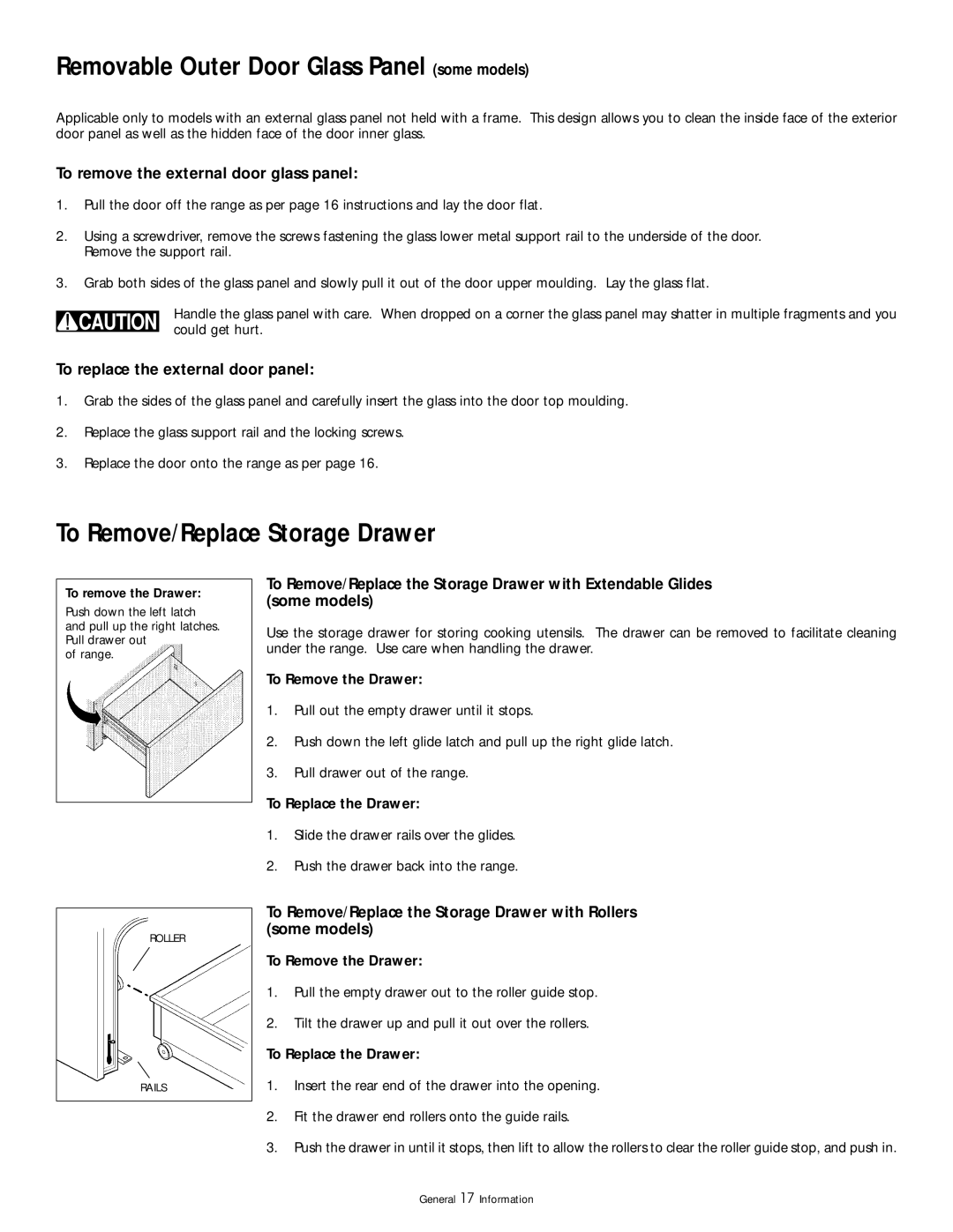 Frigidaire 318200404 manual Removable Outer Door Glass Panel some models, To Remove/Replace Storage Drawer 