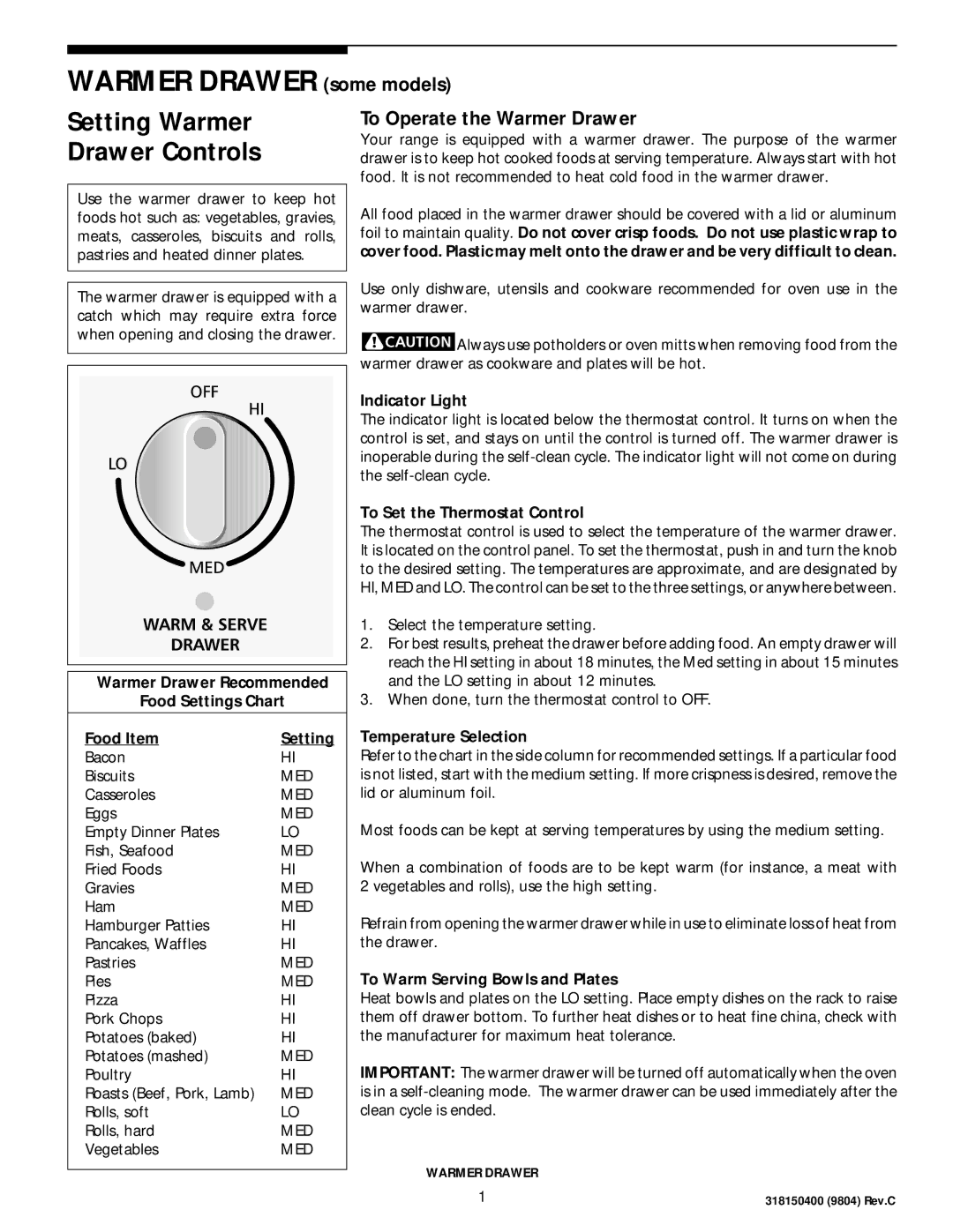 Frigidaire 318200404 manual Setting Warmer Drawer Controls 