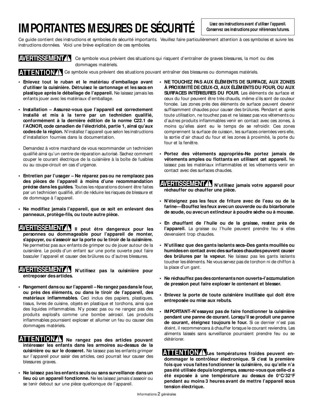 Frigidaire 318200404 manual Importantes Mesures DE Sécurité 