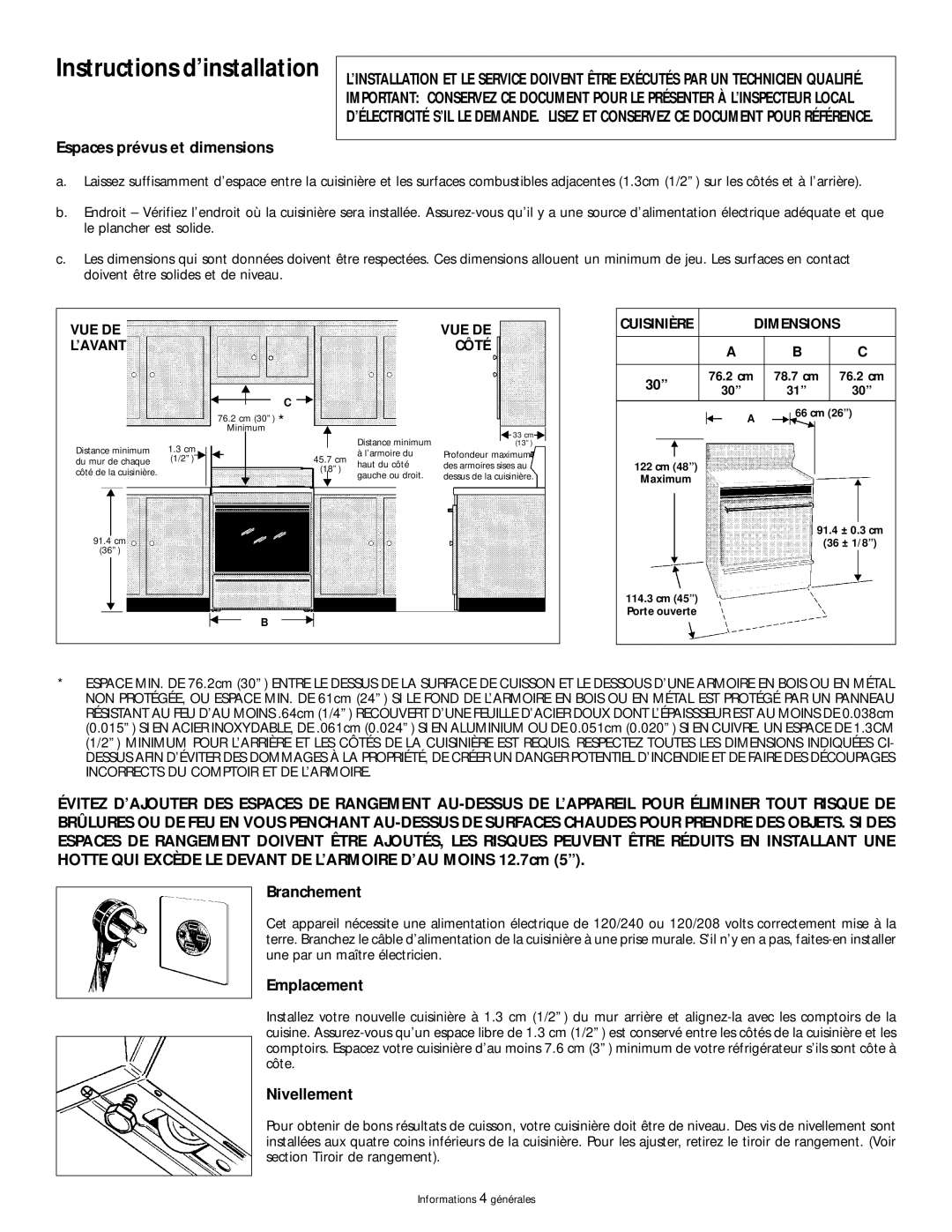 Frigidaire 318200404 manual Espaces prévus et dimensions, Emplacement, Nivellement, VUE DE ’AVANT Côté 