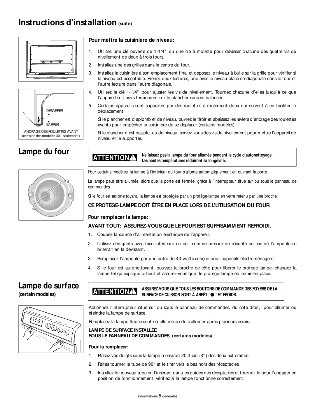 Frigidaire 318200404 Instructions d’installation suite, Lampe du four, Certain modèles Pour mettre la cuisinière de niveau 