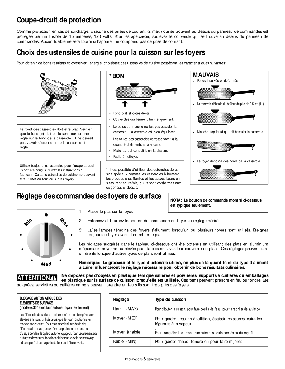 Frigidaire 318200404 manual Coupe-circuit de protection, Bon, Mauvais, Réglage Type de cuisson 